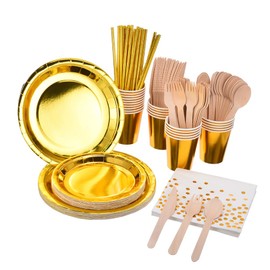 YAOSHENG 8 piece set of party tableware, gold dot party tableware set, paper cup, paper tray, tissue, straw, knife fork spoon combination (gold, w045)