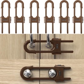 FIGEPO 6 Pack Child Proof U-Shaped Code Sliding Cabinet Door Locks Adjustable Baby Safety Plastic Cupboard Cabinet Latches Set for Knob Handle Drawers Closet Coffee