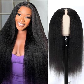 V Part Wig Human Hair Kinky Straight Wig Human Hair For Women Glueless Yaki Straight Half Wigs For Black Women Full Head Clips In No Leave Out Natural Color 150% Density 20 Inch