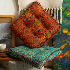 vctops - Cojines cuadrados de algodón bohemio para sillas de comedor, cocina, oficina, sillas de silla súper suaves con flecos pompón (azul, 16 x 16 pulgadas)