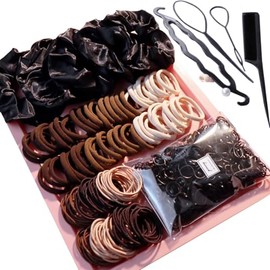 1209PCS Ligas para Cabello,Ligas Elásticas para Niñas y Mujeres, Set con 600 Gomas Negras, 5 Scrunchies, 150 Ligas de Tela Suave, 4 Herramientas de Peinado,Regalos para Cumpleaños (Marrón)