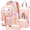 Aomutrsn Girls Backpack with Lunch Box, 5pc Cute Pink/White Bookbag