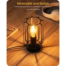 GOEBLESON Industrial Table Lamp, Small Bedside Lamps with Dimmable 2400K Warm Light LED Bulb, Vintage Rustic Desk Lamp Black Metal Cage, for Small Space, Bedroom, Study, Living Room, Office, B05TL05