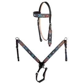 CHALLENGER Horse Show Bridle Leather Western Antique Floral Tooled Leather Beaded Bridle Breast Collar Tack 79FK04B