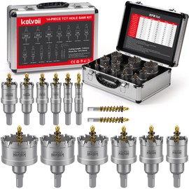 Kolvoii 14 PCS TCT Hole Saw Kit for Hard Metal, 9/16"-2-1/8" Inch Tungsten Carbide Tipped Hole Saw Drill Bit Hole Cutter Set with 1 Aluminum Box 2 Extra Pilot Drill Bits and 2 Wrench