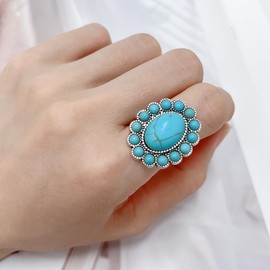 Bohemian Turquoise Ring for Women Boho Flower Oval Open Adjustable Retro stackable Joint Finger Ring American Western Cowgirl Statement Antique Jewelry Gemstone Simulated Ring Birthday Graduation Gift