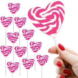 12 Heart Lollipops 3" -Valentine’s Candy - Delicious Lollipop Candy For Children and Adults - Bulk Candy (Pink)