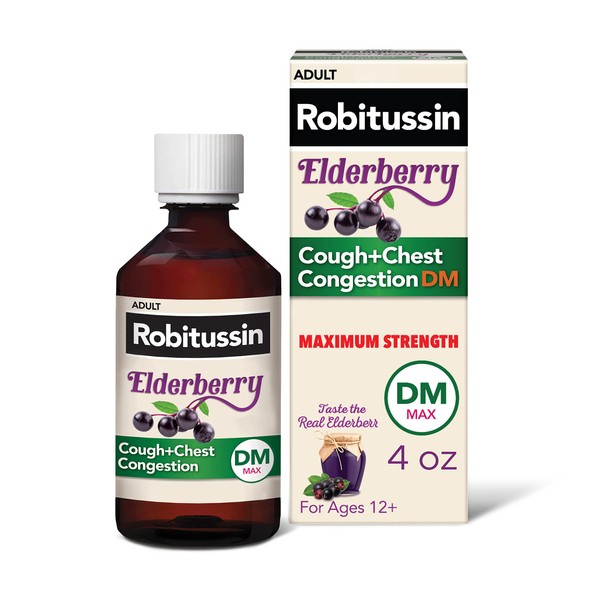 Robitussin Maximum Strength Elderberry Cough + Chest Congestion DM Cough Medicine for Adults, Cough and Chest Congestion Relief Non Drowsy Liquid - 4 Fl Oz