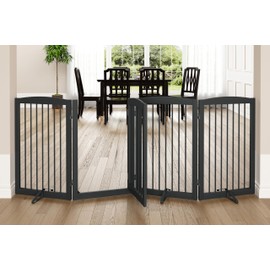 PUPETPO Freestanding Dog Gates with Door Walk Through, Dog Gate for Stairs, 80 inch Wide Dog Gates Indoor, Dog Fences Indoor, Support Feet Included, 4 Panels, 32" Tall, Grey