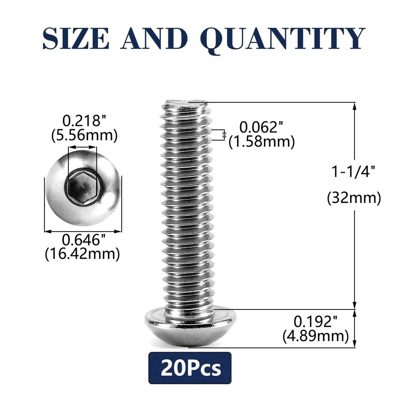 3/8-16 x 1-1/4" Button Head Socket Cap Bolts Screws, 20Pcs