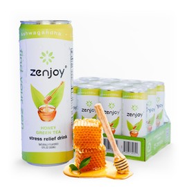 Zenjoy Stress Reief Drink, Calming Green Tea, Non Alcoholic, Ashwagandha & Lemon Balm for Stress Relief, L - Theanine for Focus (12 Pack) (Honey)