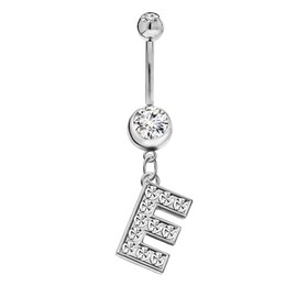 Initial Dangle Belly Button Rings | Embellished with CZ Crystals in Silver Letters A to Z | Ideal for Navel Piercings Belly Piercings - Initial E - BB-105