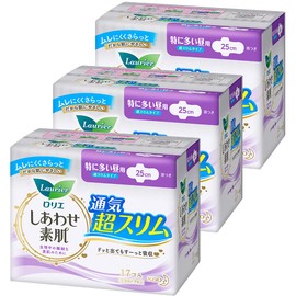 [Bulk Purchase] Laurier Happy Bare Skin, Ultra Slim, For Especially Heavy Days, With Feathers, 9.8 inches (25 cm), 17 Pieces x 3 Sets (51 Pieces)