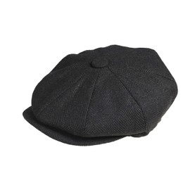 PEAKY BLINDERS 8 Piece 'Newsboy' Style Flat Cap -Melton Wool Fabric Black Herringbone