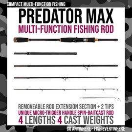 Predator Max. Unique Spin-Baitcast Rod + Micro Trigger + Rod Extension. Multi-Function Powerful Rod - 4 Lengths & 4 Cast Weights