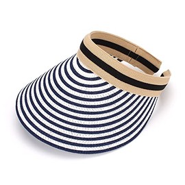 KAKU NANU Sun Hat for Women Large Brim Visor Hat Beach Straw Golf Summer Cap(Stripe Navy)