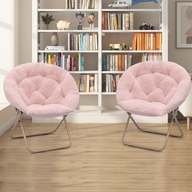 Athena Collection Round Saucer Chair for Adults Set of 2, Oversize Comfy Cozy Faux Fur Folding Reading Chair with Metal Leg Lazy Relaxing for Living Room Bedroom Dorm Apartment, Pink