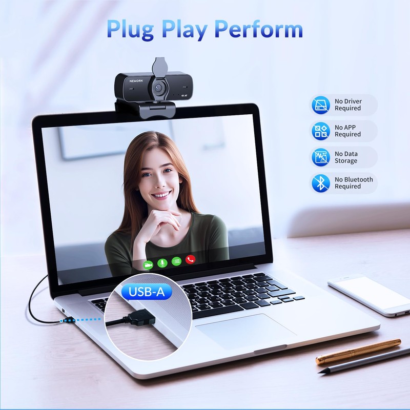 NEWORK 4K Webcam for PC with Auto-Focus, Dual Noise-Cancelling Microphones,