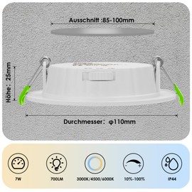 Asstikoo LED Recessed Spotlights, 230 V, Dimmable, 7 W, Set of 6, Recessed Ceiling Spotlights, Hole Opening, Diameter 85-100 mm, IP44 Ultra Flat LED Spotlights for Bathroom, Living Room