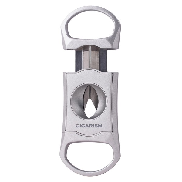 CIGARISM V-Cut Cigar Cutter Stainless Steel Blade, Up to 60+ Ring Gauge in Leather Gift Case (Silver)
