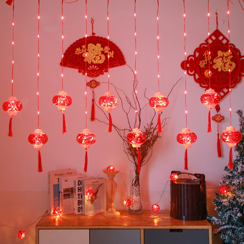 Chinese New Year Red Lantern Curtain Lights LED Spring Festival