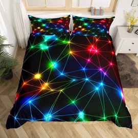 Rainbow Neon Lights Duvet Cover Queen Size,Colorful Glowing Crossed Stripes (Not Glowing) Comforter Cover with 2 Pillowcases for Teens Adults,Geometric Modern Breathable 3 Pcs Decorative Bed Cover