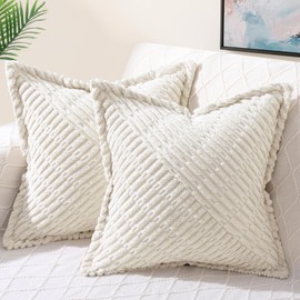 decorUhome Decorative Cream White Throw Pillow Covers 20x20 Set of 2 with Splicing, Boho Soft Corduroy Broadside Twill Pillow Covers for Couch Bed Sofa Living Room