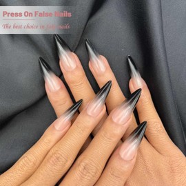 Xiokyo 24Pcs Black Gradient Press on Nails Medium Stiletto Fake Nails Acrylic False Nails Manicure Nails Tips Full Cover Glossy Stick on Nails for Women