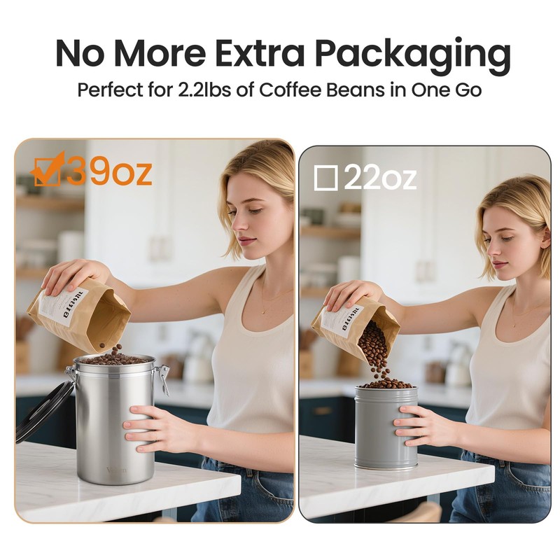 Veken Coffee Canister, 39OZ Large, Airtight Stainless Steel Food Storage