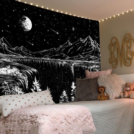 Simpkeely Black and White Tapestry Starry Night Tapestry Mountain Tapestry Moon Stars Tapestry for Bedroom Living Room - 150cm x 200cm