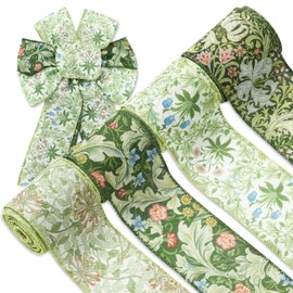 FYSUIMU Vintage Greenery Floral Wired Edge Ribbon Retro William Morris Ribbon Green Botanical Fabric Ribbon for Wreath Bow Making DIY Crafts Wrapping, 4 Rolls, 24 Yard