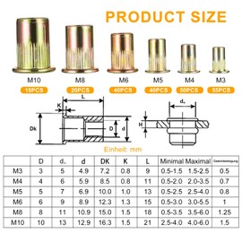 Rivet Nuts Assortment, 220 Pieces Rivet Nuts Set, M3 M4 M5 M6 M8 M10 Round Flat Head Thread Rivet Nutsert Cap Nuts, Pull Rivet Nut Blind Rivet Nuts for Metal Plates, Pipes etc