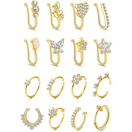 Milacolato 16Pcs Nose Cuff Fake Nose Ring Hoop Clip on Nose Ring Cubic Zirconia Fake Septum Nose Ring Cartilage Tragus Ring Nose Cuff Non Piercing for Women Men Gold