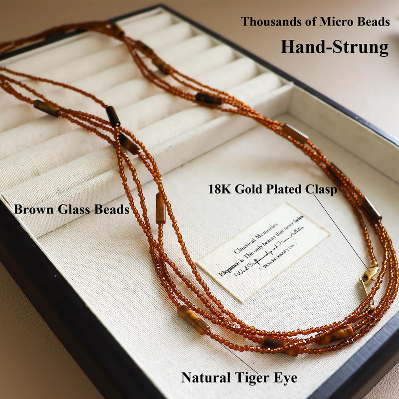 Monsefi Tiger Eye Long Beaded Necklace, 100" Multi Layered for