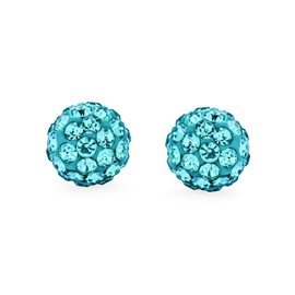 Licht Aqua Blau Pave Crystal Disco Ball Stecker Ohrringe Für Frauen Teens Runde Einfache Grunddesign .925 Sterling Silber - Größe 8MM