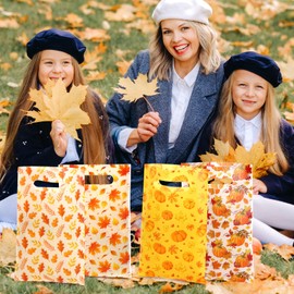 Eersida 48 Pcs Fall Party Favor Bags Pumpkin Maple Leaves Plastic Gift Bags with Handles for Thanksgiving Autumn Party Favors Supplies