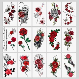 Oottati 15 Sheets Small Cute Hand Arm Temporary Tattoo Stickers Red Rose Skull Tiger Butterfly Snake