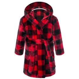 Kids Robe Boys Hooded Fleece Sleep Robe Girls Soft Bathrobe (Red Plaid, 9-10Years)