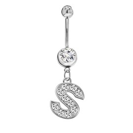 Initial Dangle Belly Button Rings | Embellished with CZ Crystals in Silver Letters A to Z | Ideal for Navel Piercings Belly Piercings - Initial S - BB-119