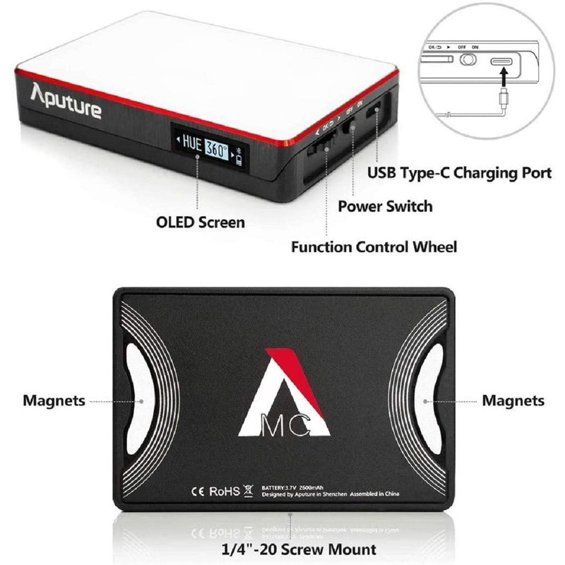 Aputure AL-MC RGB On-Camera Video Light, TLCI/CRI 95+, 3200-5600K Adjustable,