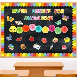 Color Caterpillars Bulletin Board Decorations Set 3D Rainbow Hungry for Knowledge Caterpillar Cutouts with Border Trim Tissue Poms Paper Classroom Decor for Back to School Bulletin Board Wall Decor
