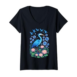 Womens Exotic Heron - Tropical Bird Lotus Pond Art V-Neck T-Shirt