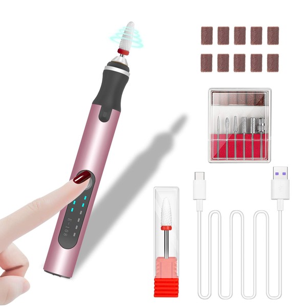 Electric Nail Drill, Wireless Electric Nail File for Acrylic Nails Professional Manicure & Pedicure Salon, Nail Drill Machine with Metal & Ceramic Drill Bits - Pink