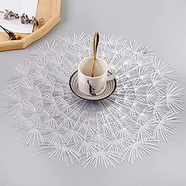 Hosoncovy 4 Pack Dandelion Decorative Placemats Round Placemat PVC Placemats Hollow Table Place Mats Heat Resistant Non-slip Dining Placemats Flower Placemat for Home Kitchen Wedding Party (Silver)