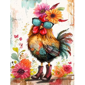 Ekuxom Chicken Diamond Art Kits for Adults, 5D Chicken Diamond Painting Kits for Adults, Round Full Drill Diamond Art Kits for Adults Chickens for Wall Decor 12x16inch