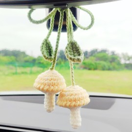 Mushroom Car Accessories, (Glue Free) Safe Crochet Car Mirror Hanging Accessories, Cute Crochet Car Accessories for Women, Rear View Mirror Accessories Car Hanging Ornament, Bag Charms