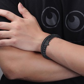 Udolfly Mens Double-Row Braided Leather Bracelets with Clasp Cross Bangle Wristband with Beads for Men Dad Son Friends Black