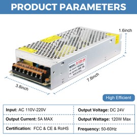 HPMN 24V 5A 120W Power Supply AC/DC Adapter Universal Regulated Switching AC 110-220V to DC 24 Volt 5 Amp Converter Transformer LED Driver for LED Strip Light CCTV Camera