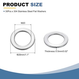sourcing map 30Pcs 304 Stainless Steel Flat Washers, M20x28x0.5mm Ultra Thin Flat Spacers, Flat Ring Fasteners for Bolts Screws, Electronic Repair, Automotive, Mechanical Industry
