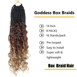 LMZIM 14 Inch Goddess Box Braids Crochet Hair Bohomian Crochet Box Braids Curly Ends 8 Pack 3X Crochet Braids Synthetic Braiding Hair Extension (14inch, 53#)